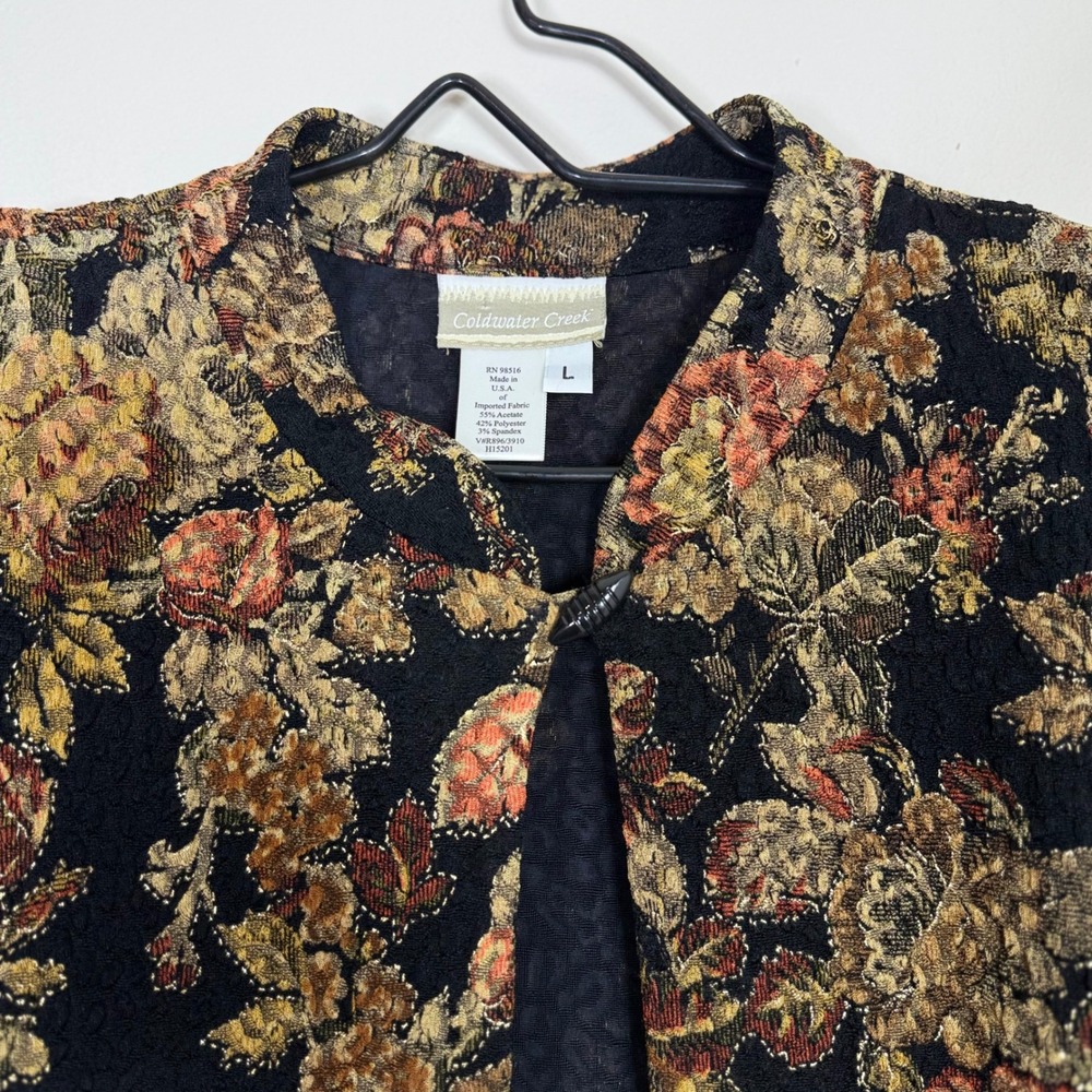 Coldwater Creek Womens Jacket Large Black Floral Tapestry Toggle Vintage Boho - Picture 4 of 10